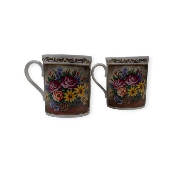 Royal Worcester Porcelain Floral Bouquet Scroll Coffee/Tea Mugs Set Of 2 Fine Bo - Picture 9 of 15